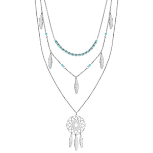 Collier en acier 3 rangs boules turquoises 35cm et plumes avec boules turquoises 55cm et attrape rêve 75cm 41+5cm - Vue 2