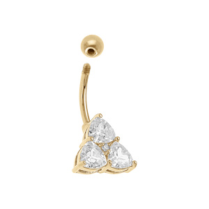 Piercing nombril en acier doré triangle de 3 oxydes blancs - Vue 2