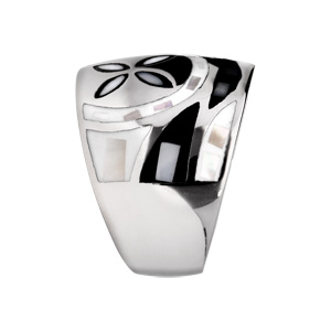 Bague Stella Mia en acier et nacre large motif fleur noir et blanc - Vue 2