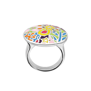 Bague en acier plateau rond avec motif végétaux colorés - Vue 2