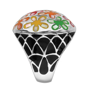 Bague Stella Mia en acier et nacre blanche véritable plateau rond bombé et motifs fleurs multicolores - Vue 2