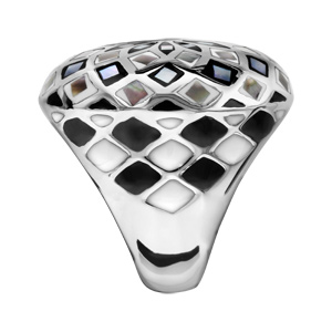 Bague Stella Mia en acier et nacre blanche véritable plateau rond bombé motif fleur et noir et blanc - Vue 2