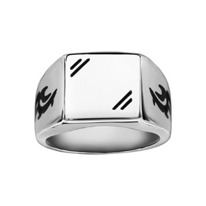 Chevalière en acier plateau carré 13mm X 13mm avec gravure motif tribal noir sur les côtés - Vue 2