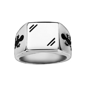 Chevalière en acier plateau carré 13mm X 13mm avec gravure salamandre noire sur les côtés - Vue 2