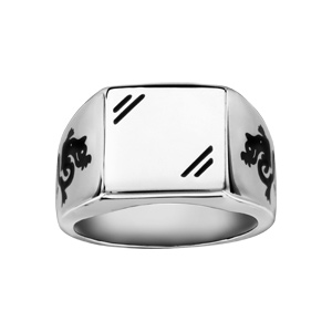 Chevalière en acier plateau carré 13mm X 13mm avec gravure dragon noir sur les côtés - Vue 2