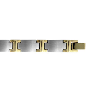 Bracelet en acier satin et PVD jaune alternance de maillons lisses en forme de croix longue et petits maillons en H jaune - longueur 21,5cm ajustable - Vue 2