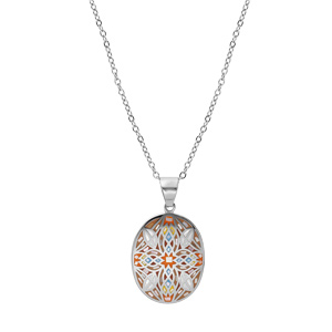 Collier Stella Mia en acier chane avec pendentif ovale mosaique multi couleur et Nacre 38+6cm - Vue 2