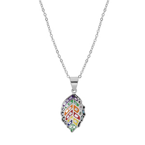 Collier Stella Mia en acier chane avec pendentif feuille multi couleur et Nacre 38+6cm - Vue 2