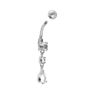 Piercing de nombril en acier 3 oxydes blancs suspendus dont 1 en forme de goutte - Vue 2
