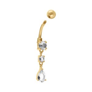 Piercing nombril en acier dore trois pierres blanches - Vue 2