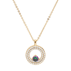 Collier en vermeil chaîne avec pendentif rond oxyde arc en ciel mystique contour oxydes blancs sertis 42+3cm - Vue 2