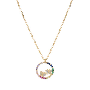 Collier en vermeil cercle pierres multicouleurs avec deux papillons d\'oxydes blancs sertis - 41+2,5cm - Vue 2