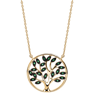 Collier en vermeil massif pendentif arbre de vie pierres vertes entouré - 40+5cm - Vue 2