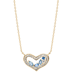 Collier en vermeil pendentif coeur empierré de navettes bleues et le contour d\'oxydes blancs sertis - 40+5cm - Vue 2
