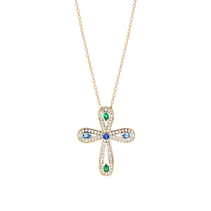 Collier en vermeil pendentif croix oxydes blancs sertis et pierres synthétiques bleues et vertes - 40+5cm - Vue 2