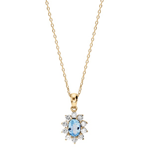 Collier en vermeil massif pendentif ovale pierre naturelle topaze bleue contour d\'oxydes blancs sertis  - 40+5cm - Vue 2