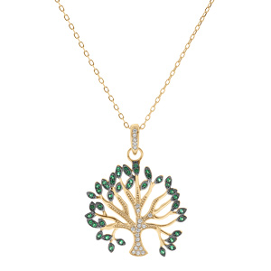 Collier en vermeil massif doré pendentif arbre de vie oxydes blancs et verts sertis - 40+5cm - Vue 2