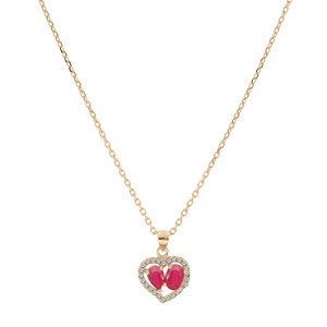 Collier en vermeil chaîne avec pendentif coeur de Rubis véritables et contour de Topazes blanches serties 42+3cm - Vue 2