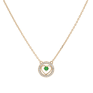 Collier en vermeil chaîne avec pendentif anneau cerclé d\'oxydes blancs et coeur Emeraude véritable 42+3cm - Vue 2