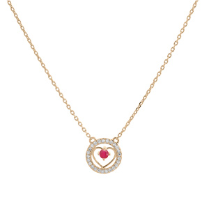 Collier en vermeil chane avec pendentif anneau cercl d\'oxydes blancs et coeur Rubis vritable 42+3cm - Vue 2