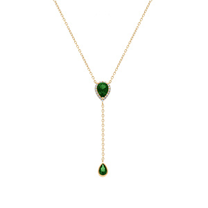 Collier en vermeil forme cravate avec goutte et motif suprieur d\'oxyde vert et halo d\'oxydes blancs - 39+5cm - Vue 2
