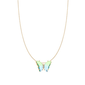 Collier en vermeil papillon 20x15mm verre dgrad bleu vert et orn d\'oxydes blancs sertis - 42+3cm - Vue 2