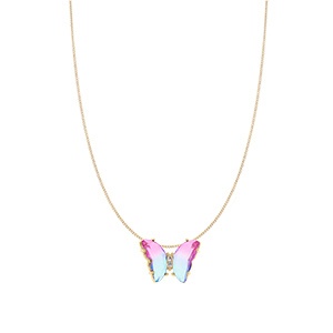 Collier en vermeil papillon 20x15mm verre dgrad rose et orn d\'oxydes blancs sertis - 42+3cm - Vue 2