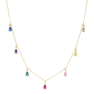 Collier en vermeil sept pampilles d\'oxydes multicouleurs sertis - 42+2cm - Vue 2