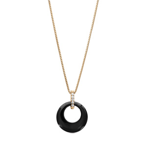 Collier en vermeil pendentif cercle céramique noire barrette d\'oxydes blancscsertis - 42+3cm - Vue 2