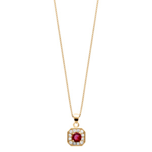 Collier en vermeil pendentif carre oxydes sertis blancs pierre centrale rouge - 42+3cm - Vue 2