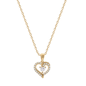 Collier en vermeil pendentif coeur avec contour d\'oxydes blancs et oyde blanc au centre - 42+3cm - Vue 2