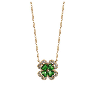 Collier en vermeil chaîne avec trèfle et pierre verte entourage oxydes blancs sertis 40+4cm - Vue 2