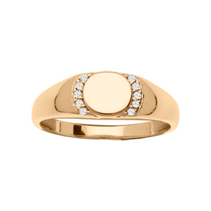 Chevalière en vermeil petit plateau rond contour d\'oxydes blancs sertis - Vue 2