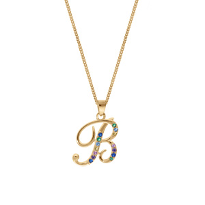 Collier en vermeil pendentif initiale B oxydes multi couleurs sertis - 42+3cm - Vue 2