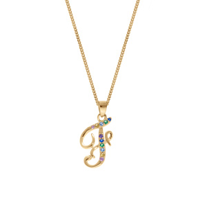 Collier en vermeil pendentif initiale F oxydes multi couleurs sertis - 42+3cm - Vue 2