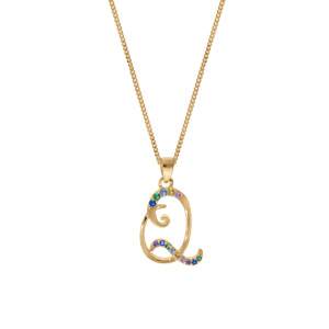 Collier en vermeil pendentif initiale Q oxydes multi couleurs sertis - 42+3cm - Vue 2
