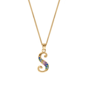 Collier en vermeil pendentif initiale S oxydes multi couleurs sertis - 42+3cm - Vue 2