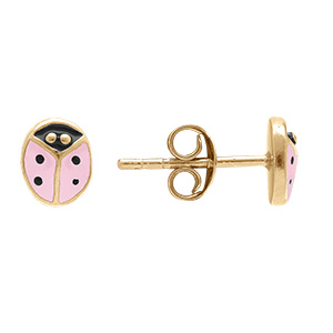 Boucles d\'oreille tige en plaqu or puce coccinelle rsine rose - Vue 2