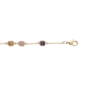 Bracelet en plaqu or chane avec pierres carres violette, rose et orange 16+3cm - Vue 2