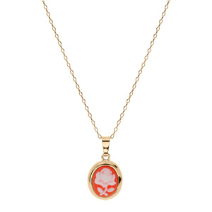 Collier en plaqu or chane avec pendentif Came motif fleur sur fond rose 40+5cm - Vue 2