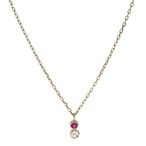 Collier en plaqu or chane avec pendentif 2 oxydes fushia et blanc sertis clos 40+4cm - Vue 2