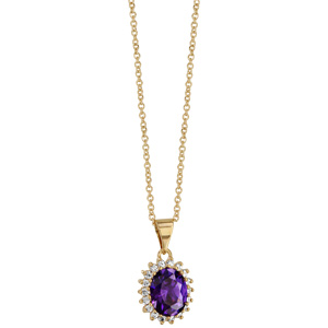 Collier plaqu or pendentif forme ovale oxyde violet et contour oxydes blancs sertis - longueur 40+4cm - Vue 2