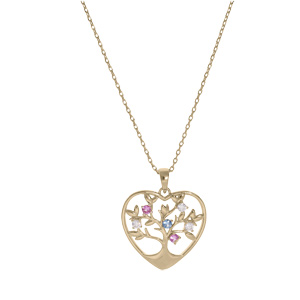 Collier en plaqu or chane avec pendentif forme coeur avec arbre de vie et oxydes couleurs 39+5cm - Vue 2