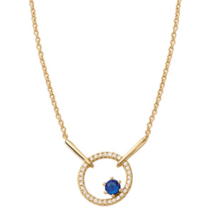 Collier plaqu or forme rond 1 verre bleu fonc contour oxydes blancs sertis - longueur 40+4cm - Vue 2