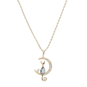 Collier en plaqu or chane avec pendentif demi lune et chat oxyde bleu 40+5cm - Vue 2