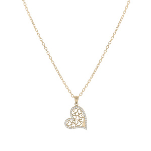 Collier en plaqu or chane avec pendentif coeur filigrane contour oxydes blancs sertis 40+5cm - Vue 2