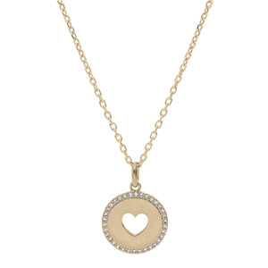 Collier en plaqu or chane avec pendentif rond motif coeur ajoure contour oxydes blancs 40+4cm - Vue 2