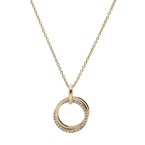 Collier en plaqu or chane avec pendentif double cercle lisse et scintillant oxydes blancs sertis 40+4cm - Vue 2