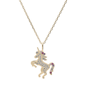 Collier en plaqu or chane avec pendentif licorne oxydes multi couleurs sertis 38+5cm - Vue 2