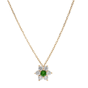 Collier en plaqu or chane avec pendentif marguerite oxydes centre vert fonc et contour blancs sertis 40+5cm - Vue 2